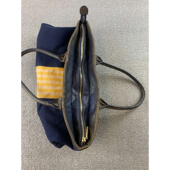 Tory Burch Tote Bag Women Navy Canvas Leather Trim Center Stripe Logo Patch - Picture 10 of 12